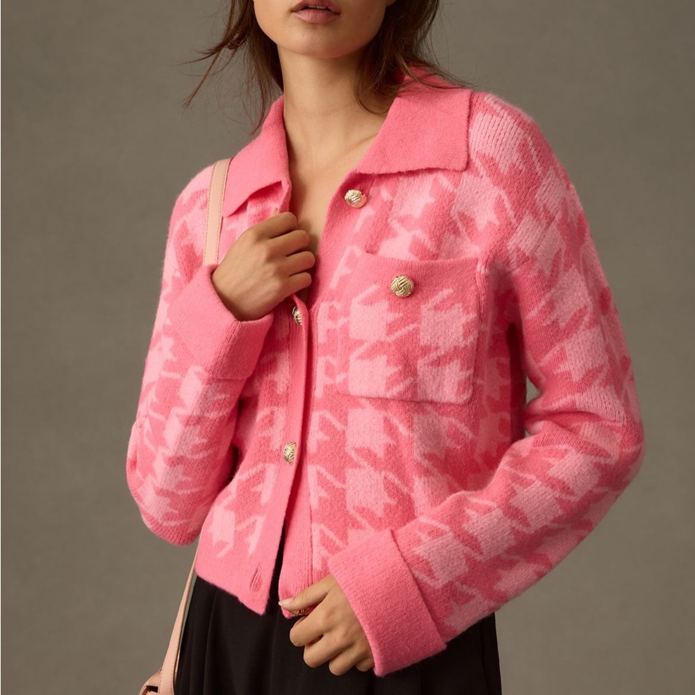 Anthropologie Pink Houndstooth Cardigan